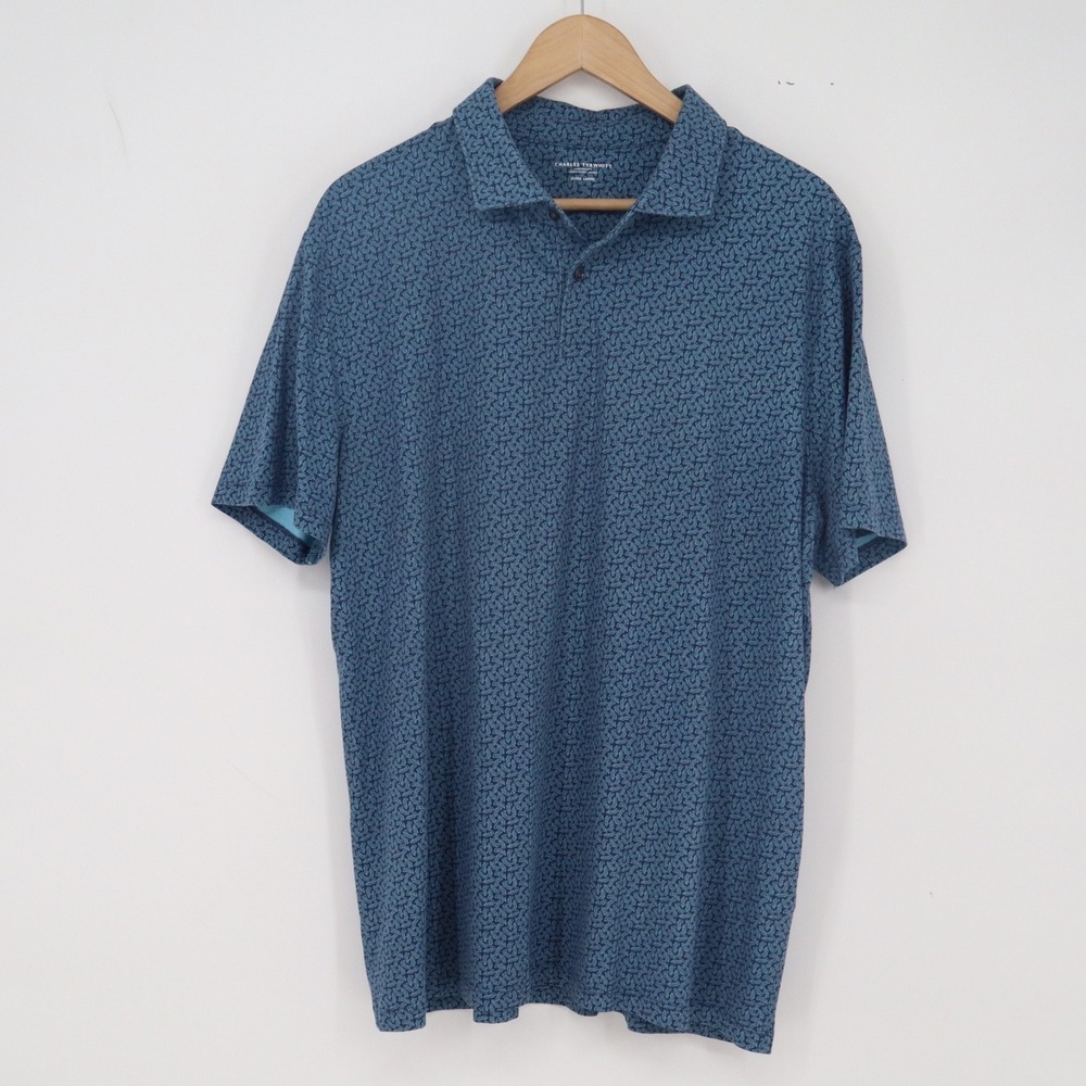 Charles Tyrwhitt Polo Shirt Mens XL Blue Micro Leaf Print Short Sleeve Excellent
